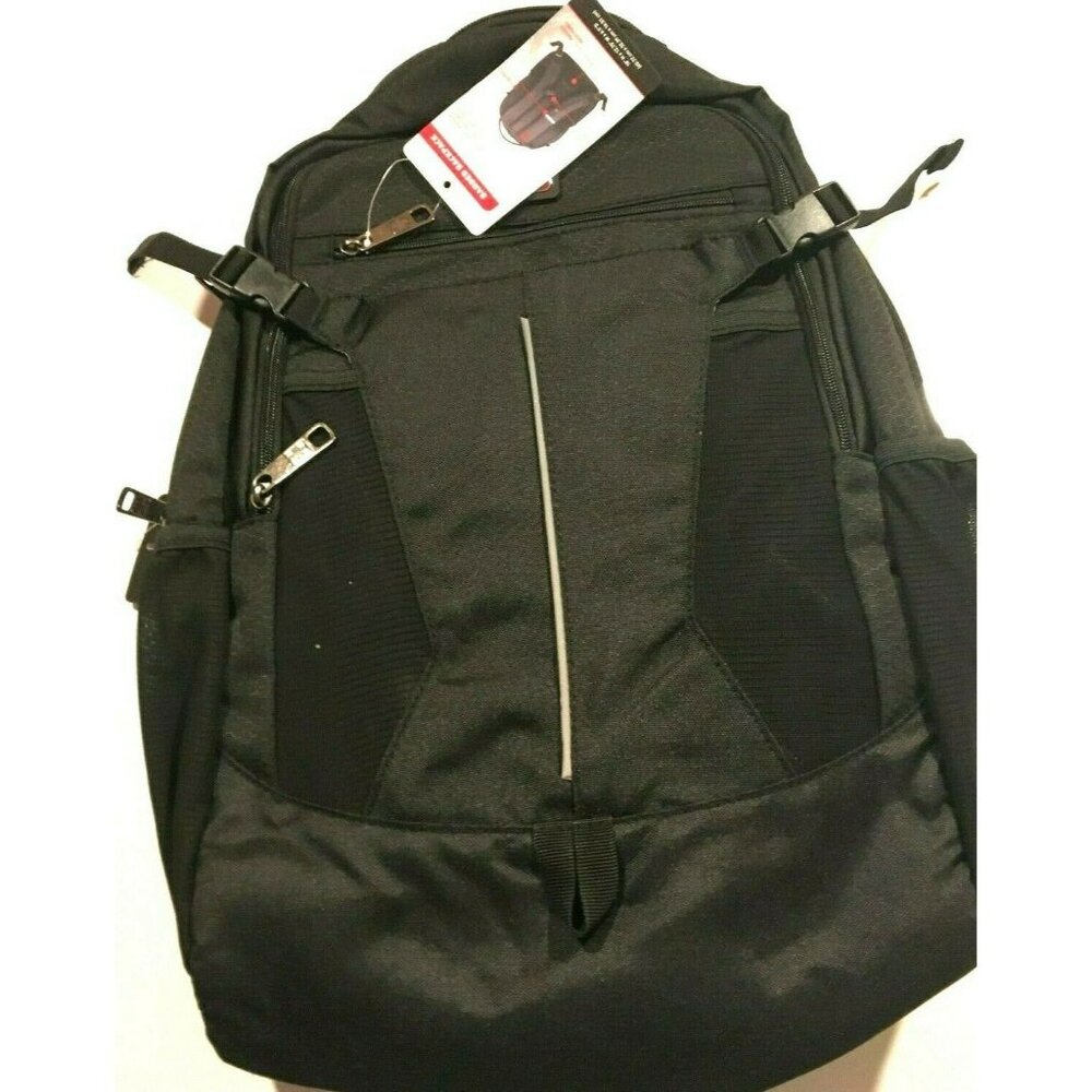 Swiss Tech BANDED Backpack BLACK & SILVER with Front Zip & Laptop Tablet Pocket